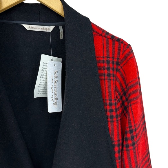 New SOFT SURROUNDINGS Windowpane Jacket Coat Plaid Open Wool Red Black - Picture 3 of 8
